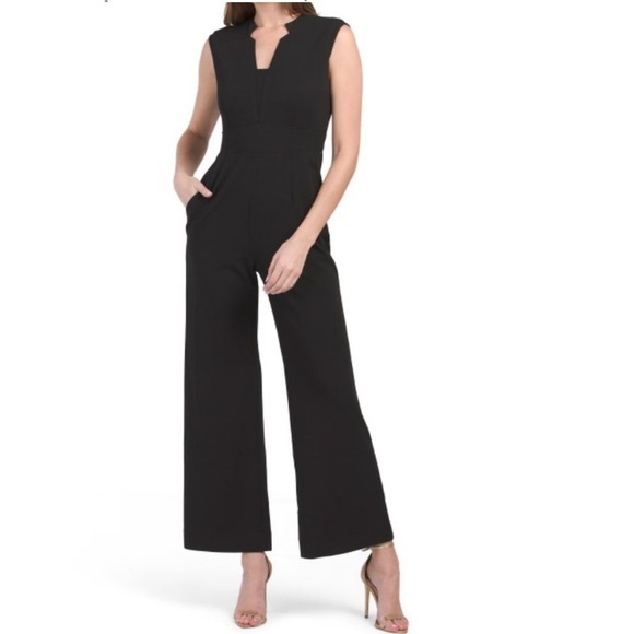 Tahari ASL Notched V-Neckline Crepe Jumpsuit - Picture 1 of 16